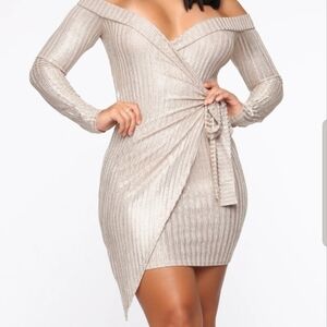 LUXXEL Gold Metallic Wrap dress Small Gold Bodycon Cocktail Dress.